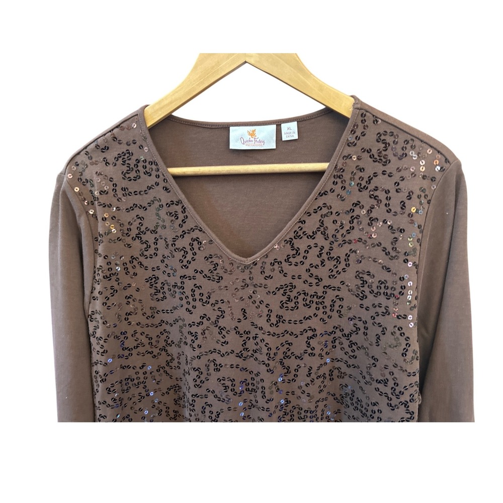 Quacker Factory Brown Sequin V-Neck Top Women's XL Sparkle Embellished Shirt